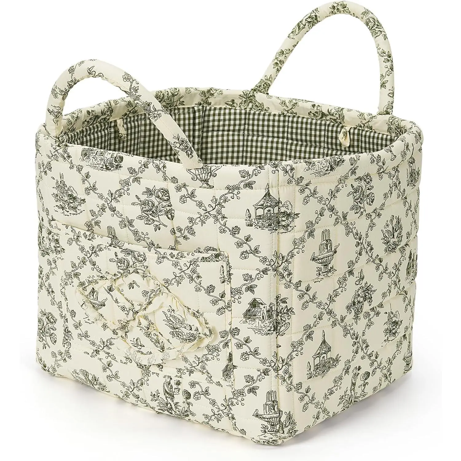 Floral Fabric Storage Basket  Interior Storage Basket Underwear Sundries Laundry Baskets Supplies  Organizer Bag (Green)