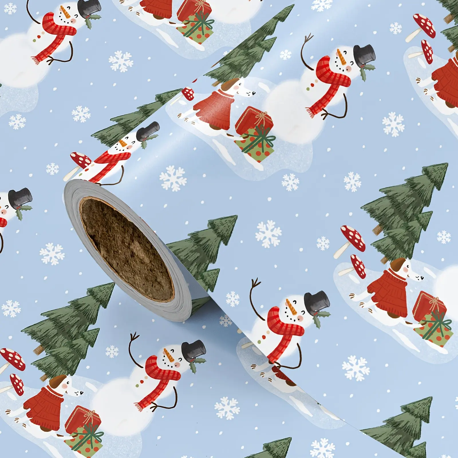 Christmas Wrapping Paper Roll, Blue Background Snowman Puppy Tree Pattern, 43cm X 500cm, Ideal for Gift Wrapping, Holiday Decor, Party Gifts