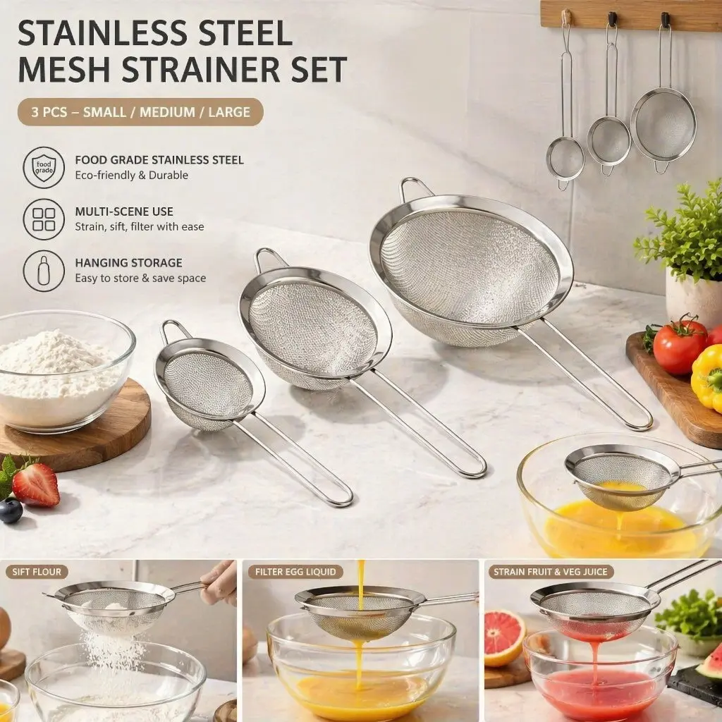 3-Piece Set of Stainless Steel Fine-Mesh Strainers and Colanders, Strainers for Kitchen, Fine Mesh Sieve with Metal Handles - Flour Sifters and Oil Strainers in Multiple Sizes, Ideal for Baking, Cooking - Stainless Steel Strainer Baskets