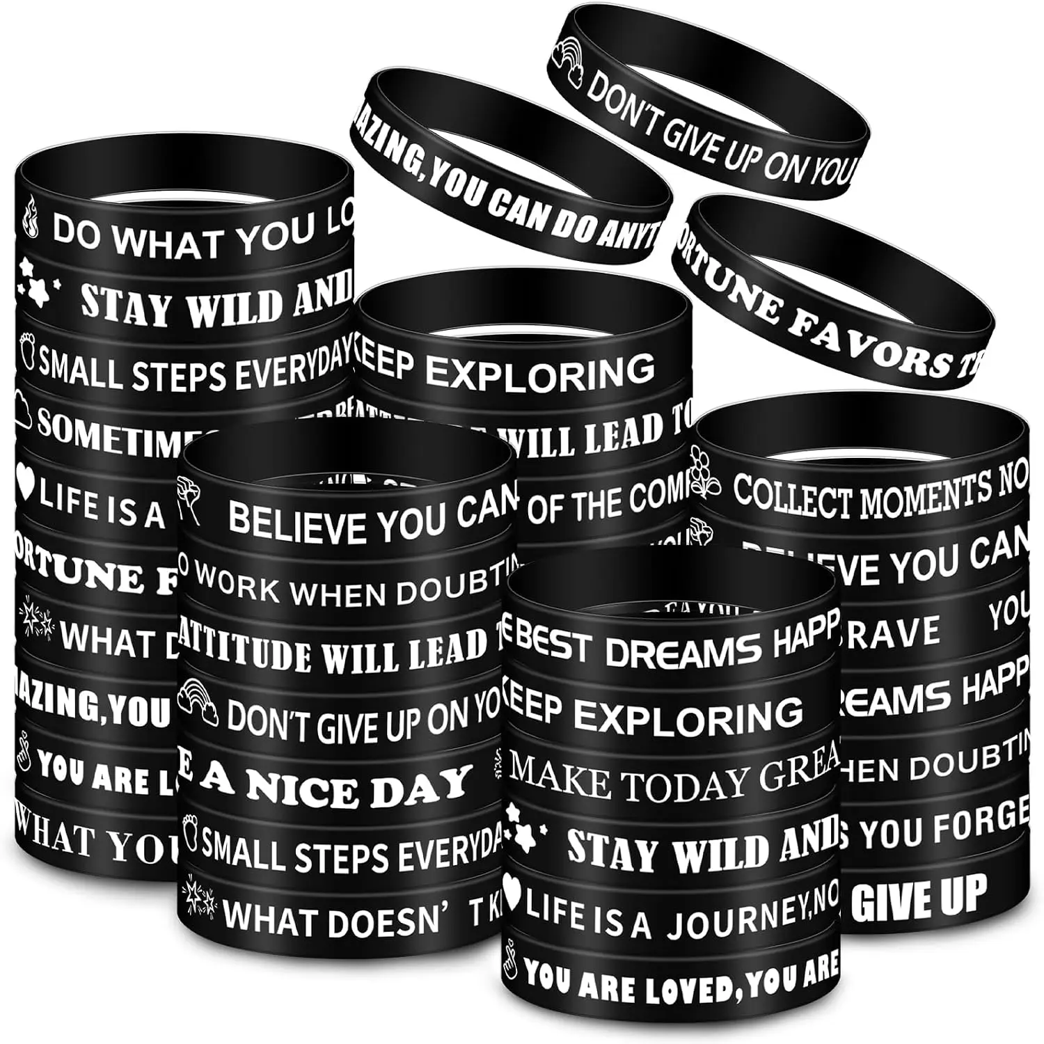 Black Party Favor 50 count Motivational Quote Bracelets Bulk Inspirational  Rubber Wristbands Stretch  Wristbands Gifts Thank You Gifts for Teacher Staff Adult Men Women