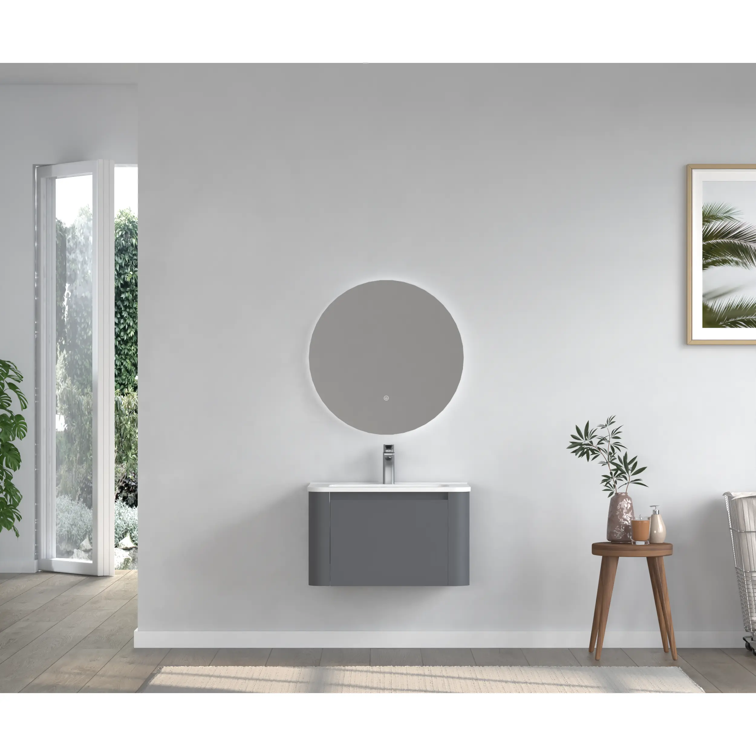 ARCH 24 Inch Grey Wall Mounted Bathroom Vanity with White Ceramic Integrated Basin, Floating Vanity Drawer Cabinet, Modern Wall Hung Sink Storage for Small Bathroom, Powder Room, Single Sink, 1-Drawer, MDF Construction, Bathroom Furniture