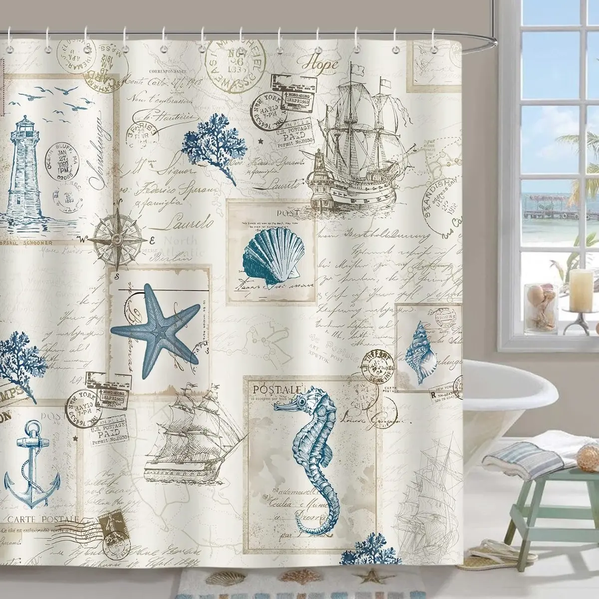 Vintage Nautical Coastal Waterproof Shower Curtain - Retro Ocean Lighthouse, Seahorse, Seashell Decor for Farmhouse Home Bathroom, Toilet Wall Accent