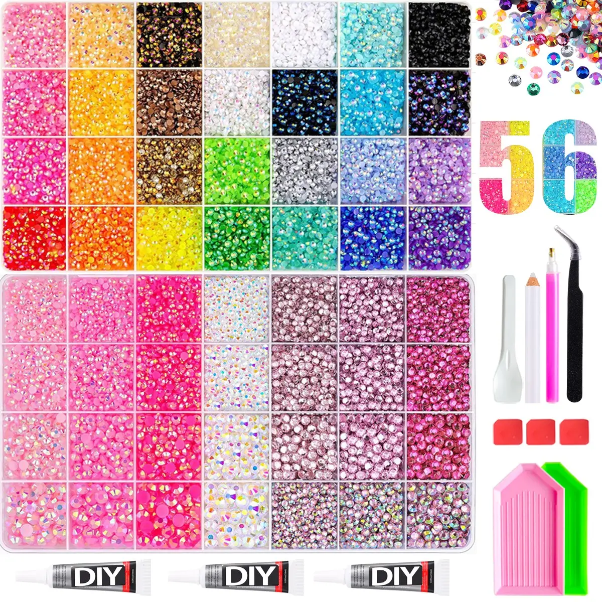 56 Grid 56000+ Mixed Color Ab Rhinestones Set, Includes Glue, Pads, Appliqué Pen, DIY Craft Kit for Clothing, Cups, Shoes, Fabric, Nail Art，56 Colors Assorted Rhinestone Complete Set with Adhesive & Tools, Flatback Gems for Manicure & Handmade DIY Crafts