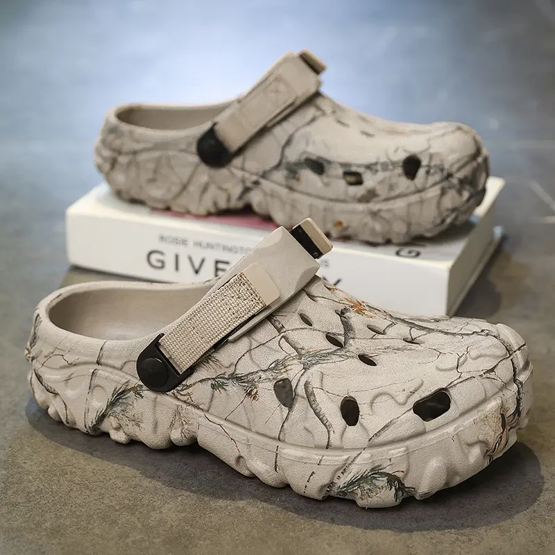 Men's Tactical Camouflage Nylon Clogs - Thick Sole Waterproof PVC Slip-On Round Toe Shoes, Adjustable Heel Strap, Non-Slip Ankle Footwear for Camping, Street Use, Men's Shoes, All Seasons, Breathable, Casual, Dirt-Resistant, Walking Shoes