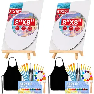 Date Night Painting Kit, 62 Pcs Detail Paint Brushes Canvas Panels with Wood Easel 12 Colors Acrylic Paint, Circular Canvas Art Aprons Sip and Paint Supplies for Adults, Kids, and Beginner
