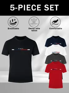Men's 5-Pack Breathable Short Sleeve T-Shirts, Paris Letter Print, Quick-Dry, Round Neck, Polyester, Summer Outdoor, Beach, Training, Casual