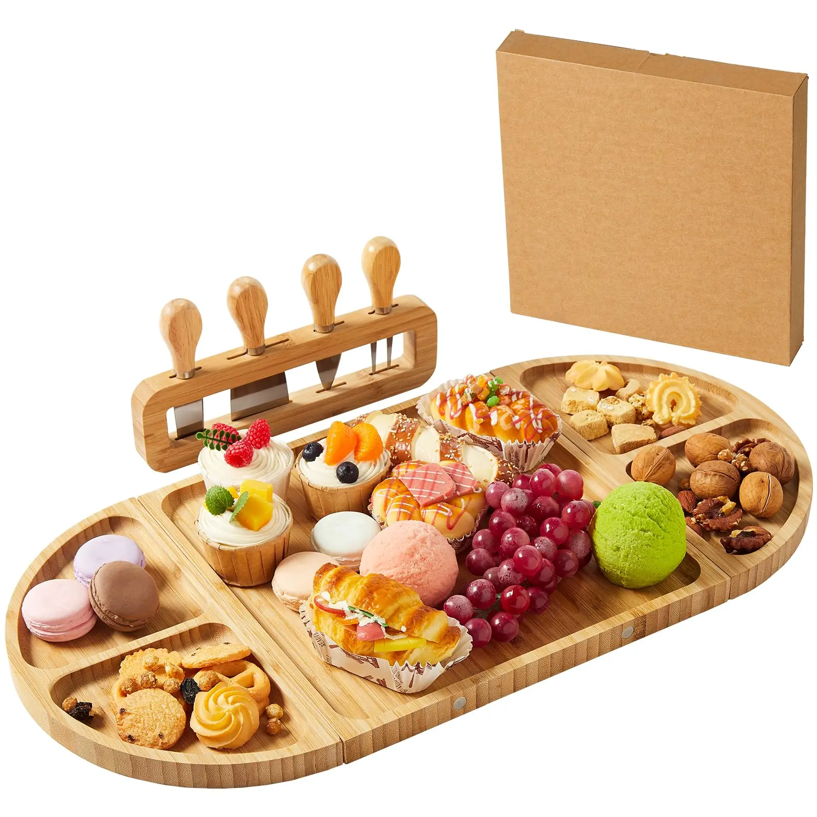 Garvee 3-Piece Large Wooden Charcuterie Board Set with Magnetic Closure, Long Serving Tray and Knife for Entertaining, Wedding and Housewarming Gifts