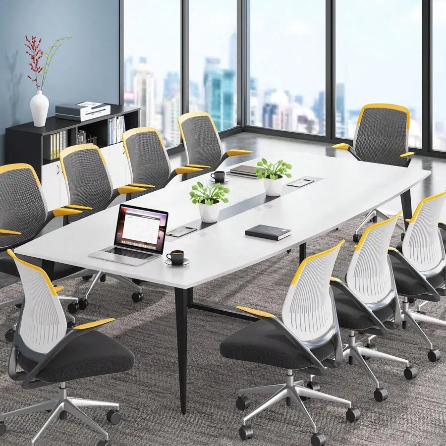 8FT Conference Table, 94.48L X 47.21W X 29.52H Inches Boat Shaped Meeting Table With Rectangle Grommet, Modern Seminar Boardroom Table Office Conference Room (Light Wood Grain, 8ft)