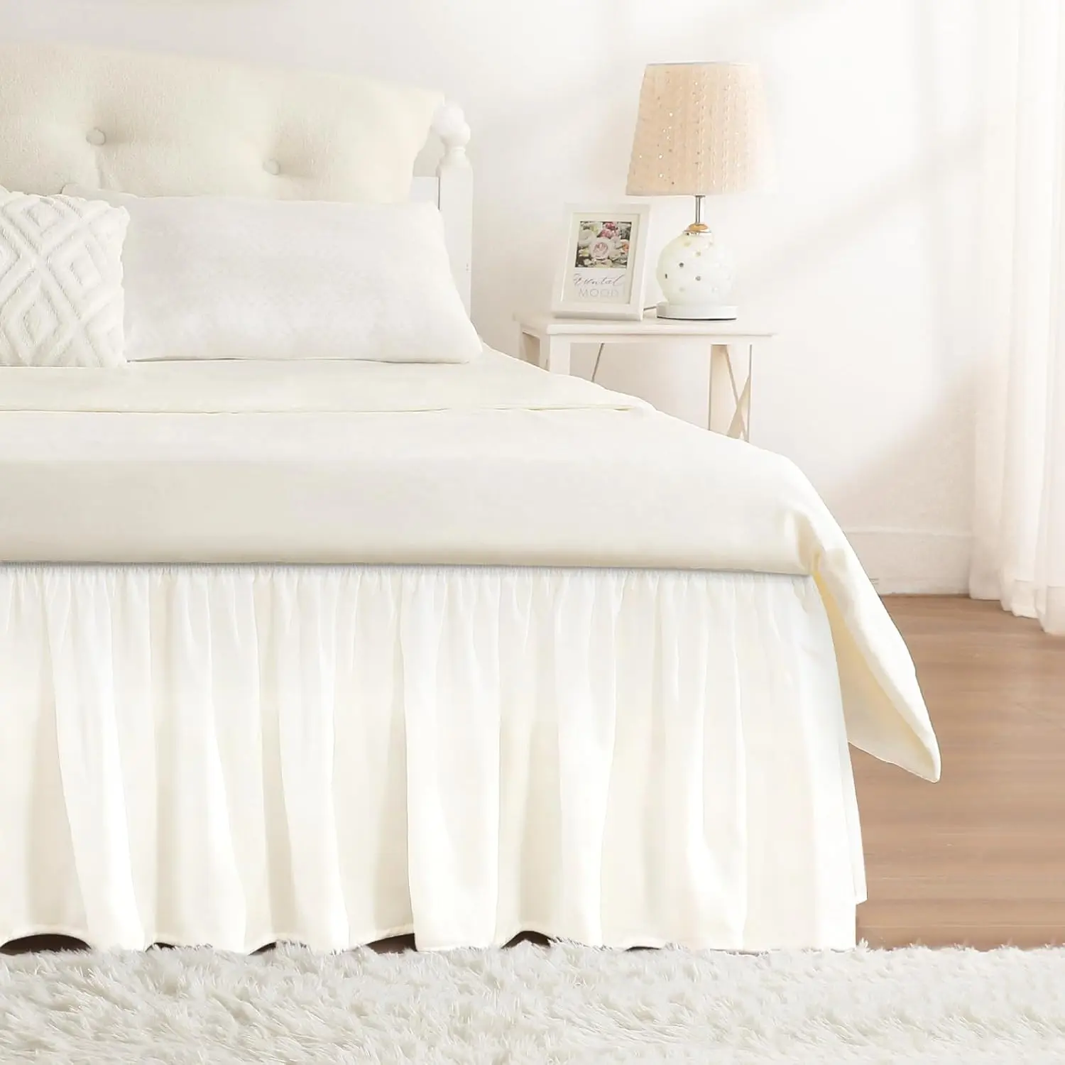 White Bed Skirt Queen Size 15" Drop, Elastic Wrap Around Bedskirt |   Ruffled, Easy to Use, No Mattress Lifting, Wrinkle & Fade Resistant, with, Machine Wash/Dry/Iron