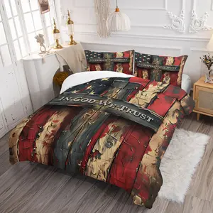 2/3-Piece Comforter Set with Vintage Wood-Grain American Flag and Cross Pattern (1 Quilt + 1 or 2 pillowcase) – Rustic Farmhouse Style Bedding Set; Soft and Comfortable; Ideal for Patriots, Veterans, and Independence Day Bedroom Decor
