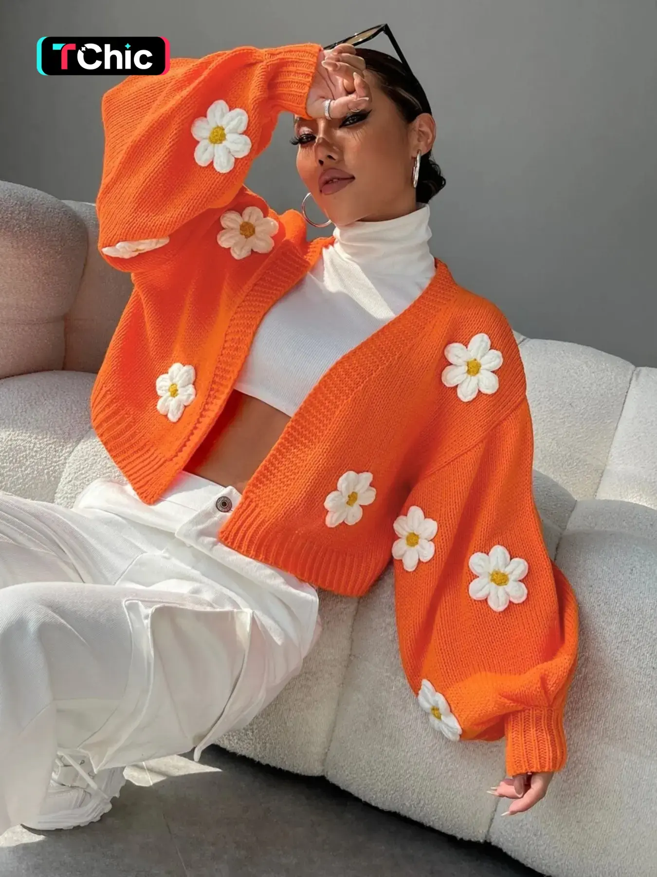 Fashion Handmade 3D Floral Patch Lantern Sleeve Knit Cardigan Sweater, Casual Loose-Fitting Spring & Fall Outerwear, Unlined Design
