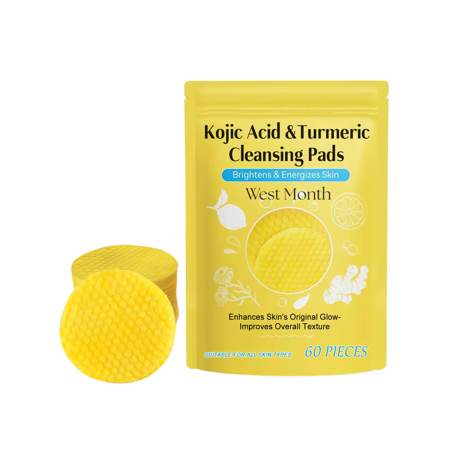 Turmeric Kojic Acid Cleansing Pads, Brightening and Exfoliating Face Wipes with Snake Venom Peptide, Hydrating and Gentle for Sensitive Skin for a Youthful Glow, Makeup Remover, Moisturize, Cleansing Hydrating, Face Wash Wipes, Radiant Skin, 60 Pieces, Al
