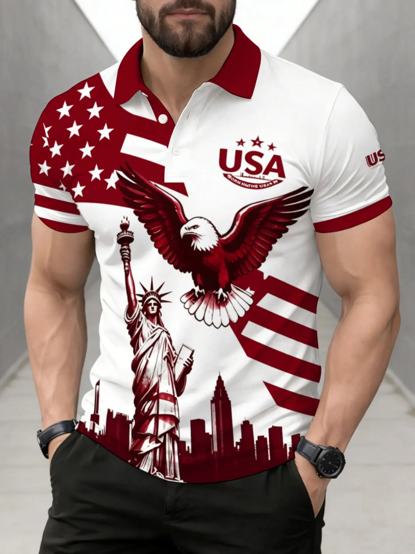 Men's Usa Bald Eagle Liberty Print Polo Shirt, Casual Short Sleeve Fitted Top, Geometric Design, All Seasons, Unlined Knit Fabric, Casual Polo Shirts