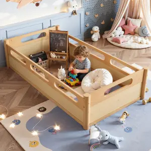 ARCH Twin Size Floor Platform Bed with Full-Length Guardrails, Low Profile Twin Bed Frame, No Box Spring Needed, Natural Wood Finish, Sturdy Wooden Slat Support, Space-Saving Bedroom Furniture for Kids Teens Adults, Easy Assembly, Wood Slat or Metal