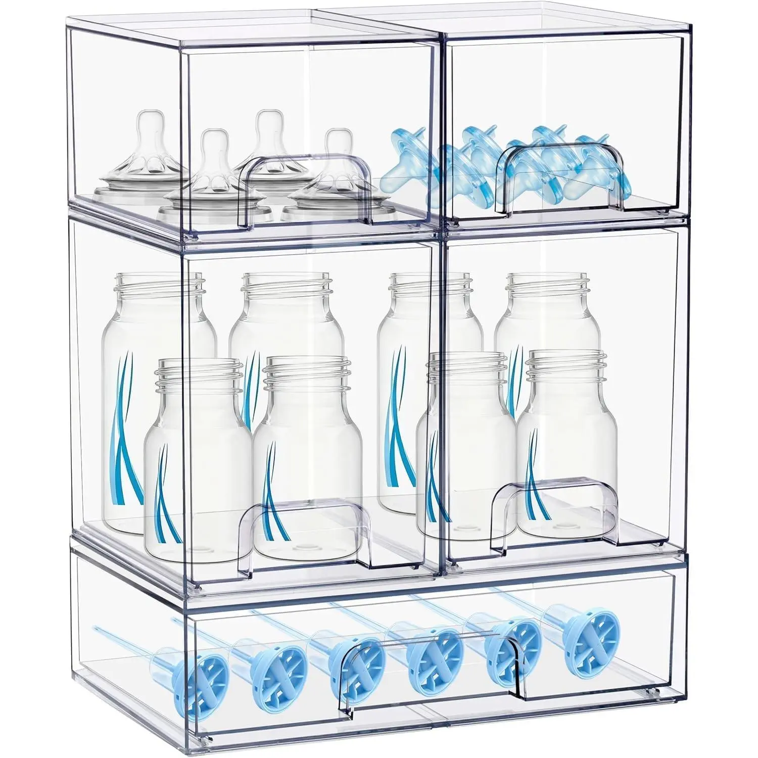 Baby Bottle Organizer, 5 Pack Stackable Storage Dust-proof Drawers, Clear Plastic Bottle Station Organizer for Countertop & Cabinet, Pacifier and Medicine Container for Nursery