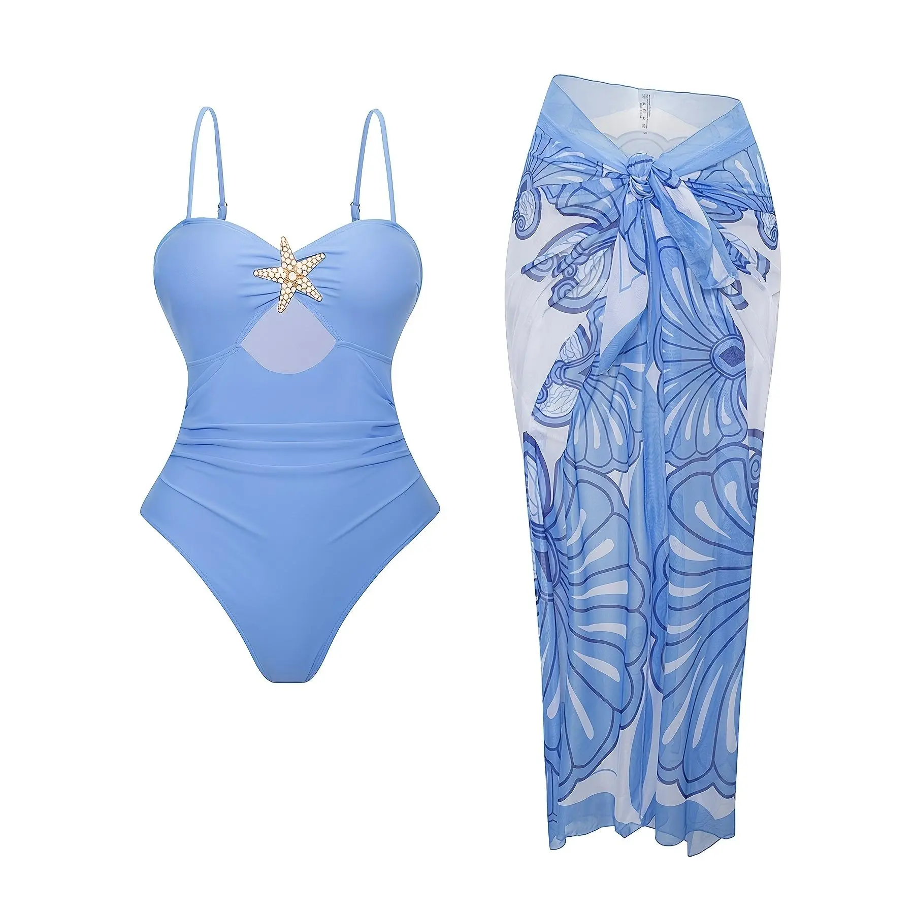 Women's 2-Piece Elegant Special Synthetics Swimwear Set - Stretchable Nylon-Elastane Spaghetti Strap Unitard (Detachable Chest Pad, Starfish Decoration), Ethnic Pattern Shell Print Wrap Half-Length Skirt, Texture Variant, Machine Washable for Vacation