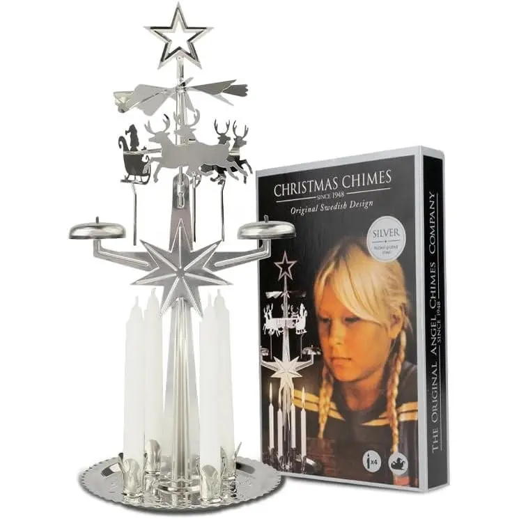 Swedish Christmas Spinning Chime Set - Carousel Motif, 4 Candles, 1948 Memorial Gift, Room Decor, Silver Scandinavian Festive Home Decoration