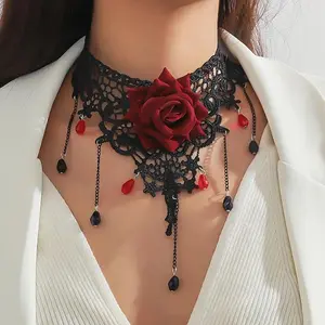 Gothic Red Rose Necklaces New Vintage Exaggerated Dark Lace Necklace Party Wedding Women's Necklace Jewelry Gifts