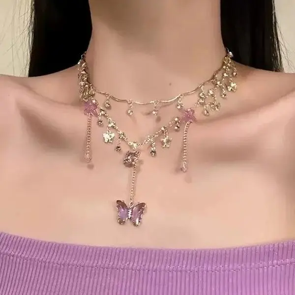 Vintage Purple Crystal Butterfly Choker Necklace for Women – Fairy Grunge Y2K Galaxy Aesthetic Jewelry, Stackable Light Luxury Tassel Necklace, Trendy Statement Piece for Daily Wear, Party, Festival & Outfit Styling