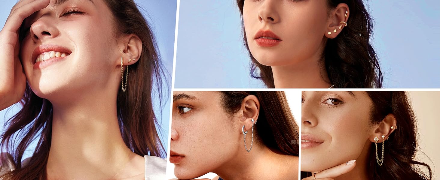 Jstyle 27PCS 14K Golden Plated Huggie Hoop Stud Earrings Set for Women | Fashion Hypoallergenic Small Dainty Dangle Chain Earrings for Multiple Piercing, Minimalist CZ Ball Mini Cartilage Stud Earrings Daily