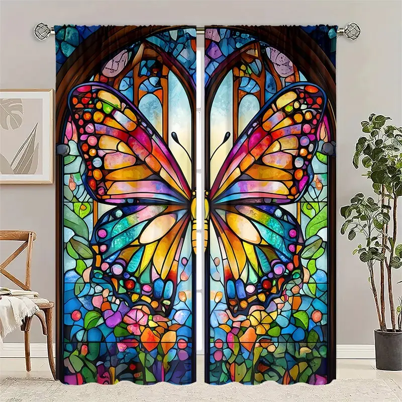 Colorful Stained Glass Butterfly Printed Curtains 2 Panels, Vintage Gothic Arch Floral Window Drapes Soft Washable Home Decor, Room Decor Curtain, Ready Made Curtains