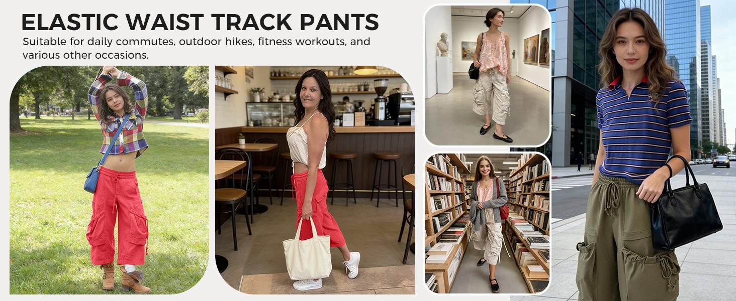 Aoysky Womens Wide Leg Cargo Capris Drawstring Elastic Waist Baggy Cropped Pants with Utility Pockets Casual Trousers