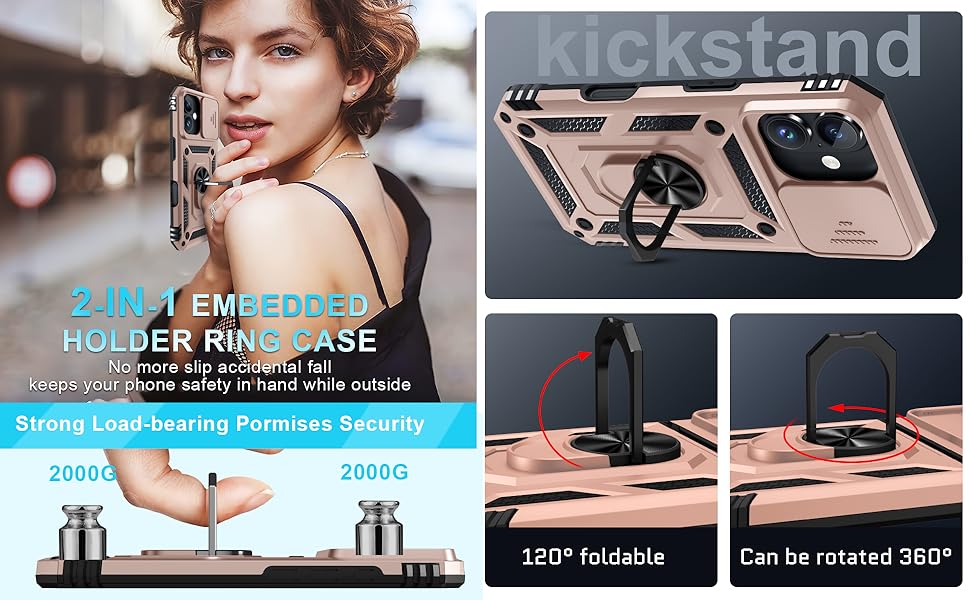 Janmitta Case for iPhone 16 Phone Cover Built in Slide Camera Lens Cover+Screen Protector,Heavy Duty Shockproof Full Body PhoneCase with Finger Ring Holder Kickstand,Rose Gold