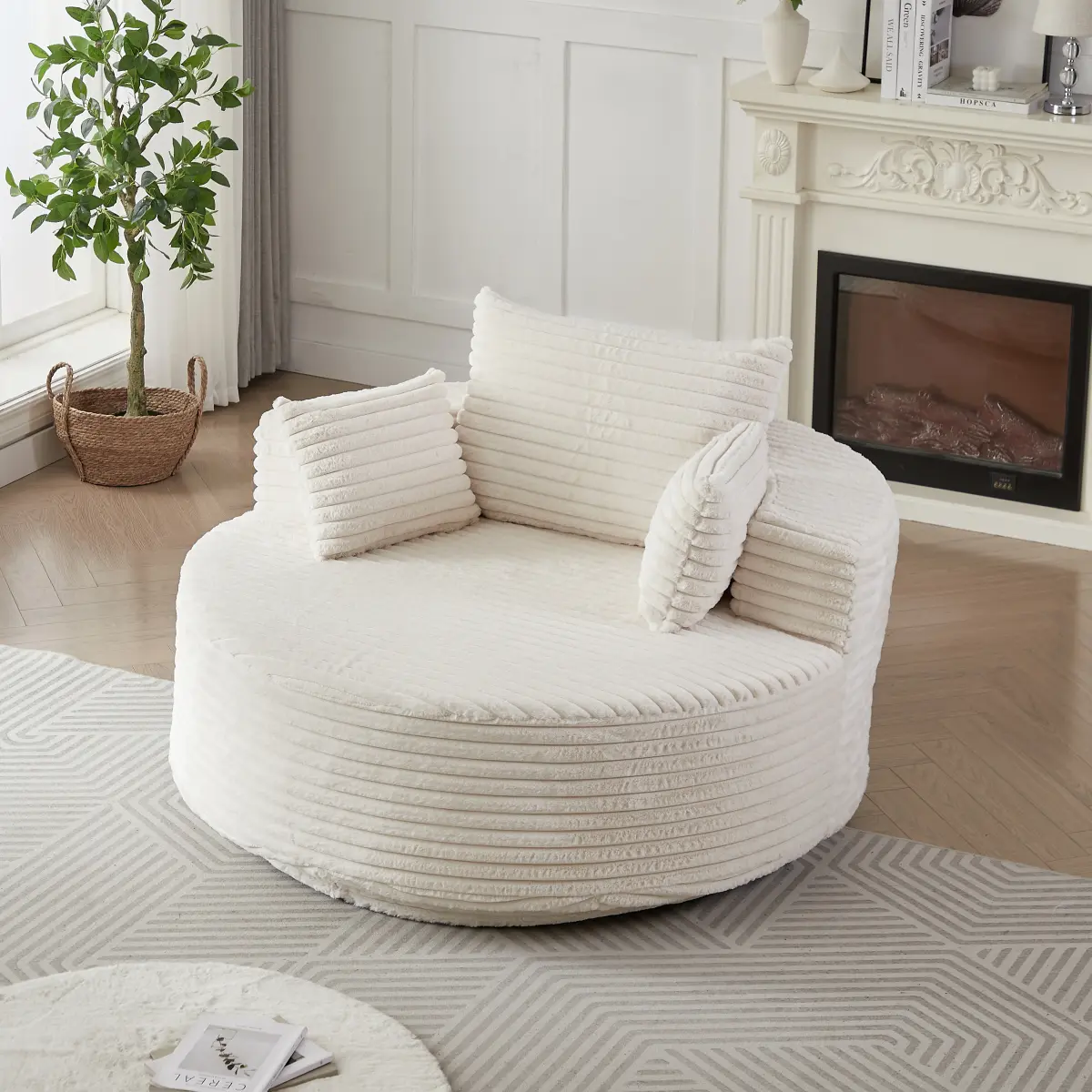 55''Oversized Round Chair Lounge Chaise Indoor Corduroy Foam Single Swivel Chair, Fluffy Modern Sleeper, 360 Degree Swivel Chair for Living Room, Bedroom, Lounge and Projection Room, Beige