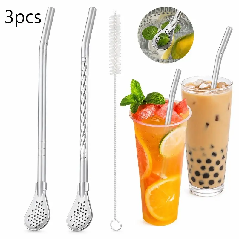 3pcs Stainless Steel Straw Spoon Set, Detachable Stainless Steel Strainer Spoon, Juice Milk Tea Filter Straw, Straw Brush, Stainless Steel Straw Kit - Durable Multi-Functional Detachable Cleaning Design, Juice Milk Tea Stirring Spoon
