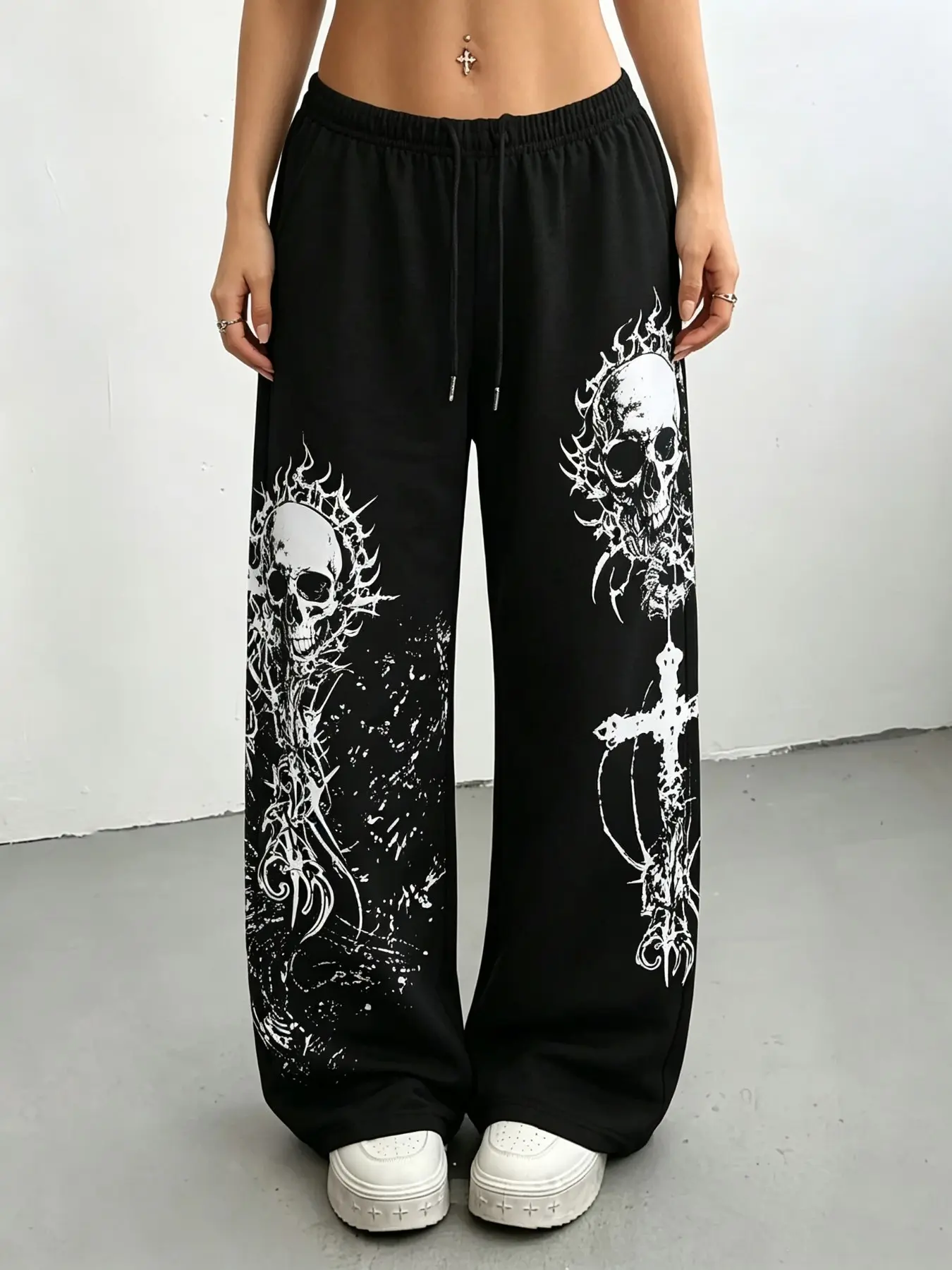 Women Gothic Skull Print Wide Leg Sweatpants, Elastic Drawstring High Waist Loose Trousers, Halloween Dark Grunge Streetwear, Trendy TikTok Viral Casual Pants, Hip Hop Baggy Bottoms, Ideal For Party, Daily Outfits & Halloween Costume