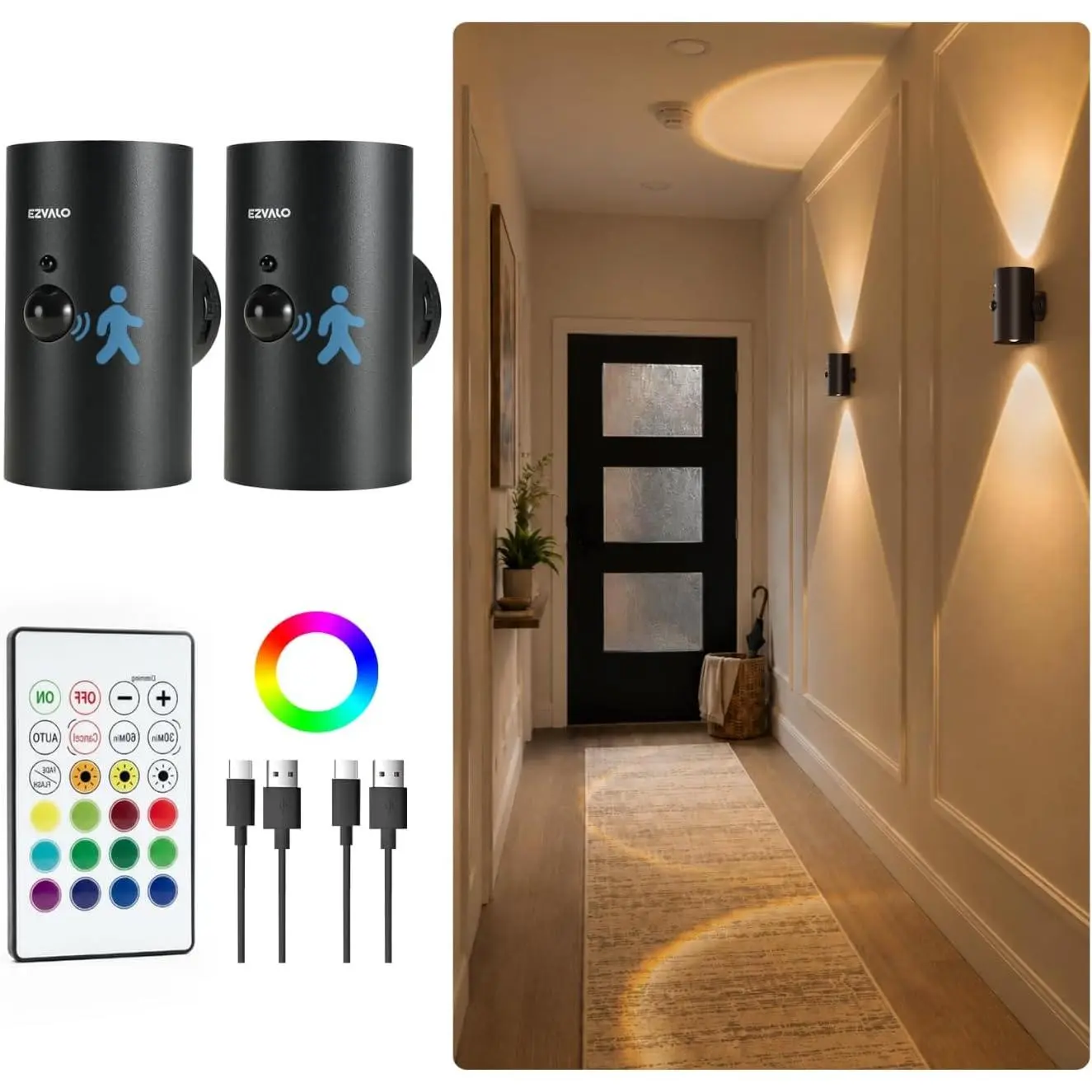 EZVALO Motion Sensor Wall Lights, Rechargeable Battery Operated LED Wall Sconce with Remote, 3 Color Temps & RGB, Peel and Stick Wall Lamps for Hallway, Stairway, Living Room (2 Pack, Black)