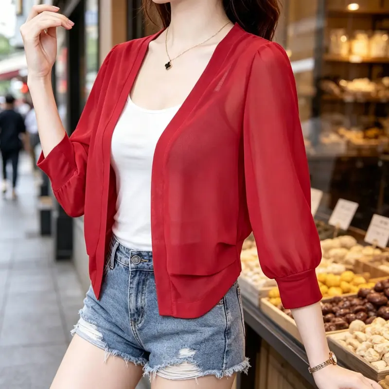 2026 New Summer Women's Lightweight Chiffon Sun Protection Cardigan - Feminine Cuffed 3/4 Sleeve Chic Cropped Open Front Shrug, Sheer Thin Beach Dress Cover Up Outerwear for Daily Matching, Fabric, Fashion, Loose, Short, Cardigans, Solid, Elegant