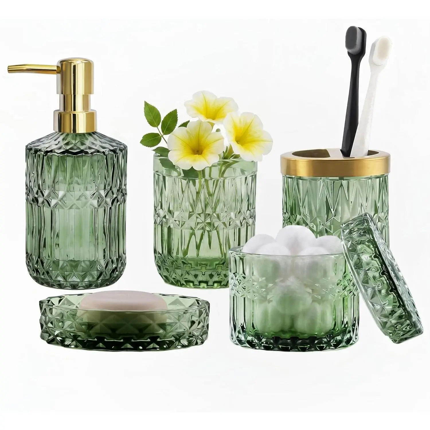 Green Bathroom Accessories Set, 6 Pcs Clear Glass Bathroom Set, Soap Dispenser, Soap Dish, Toothbrush Holder, Tumbler, Q-Tips Holder for Vintage Crystal Bathroom Decor, Gift Set