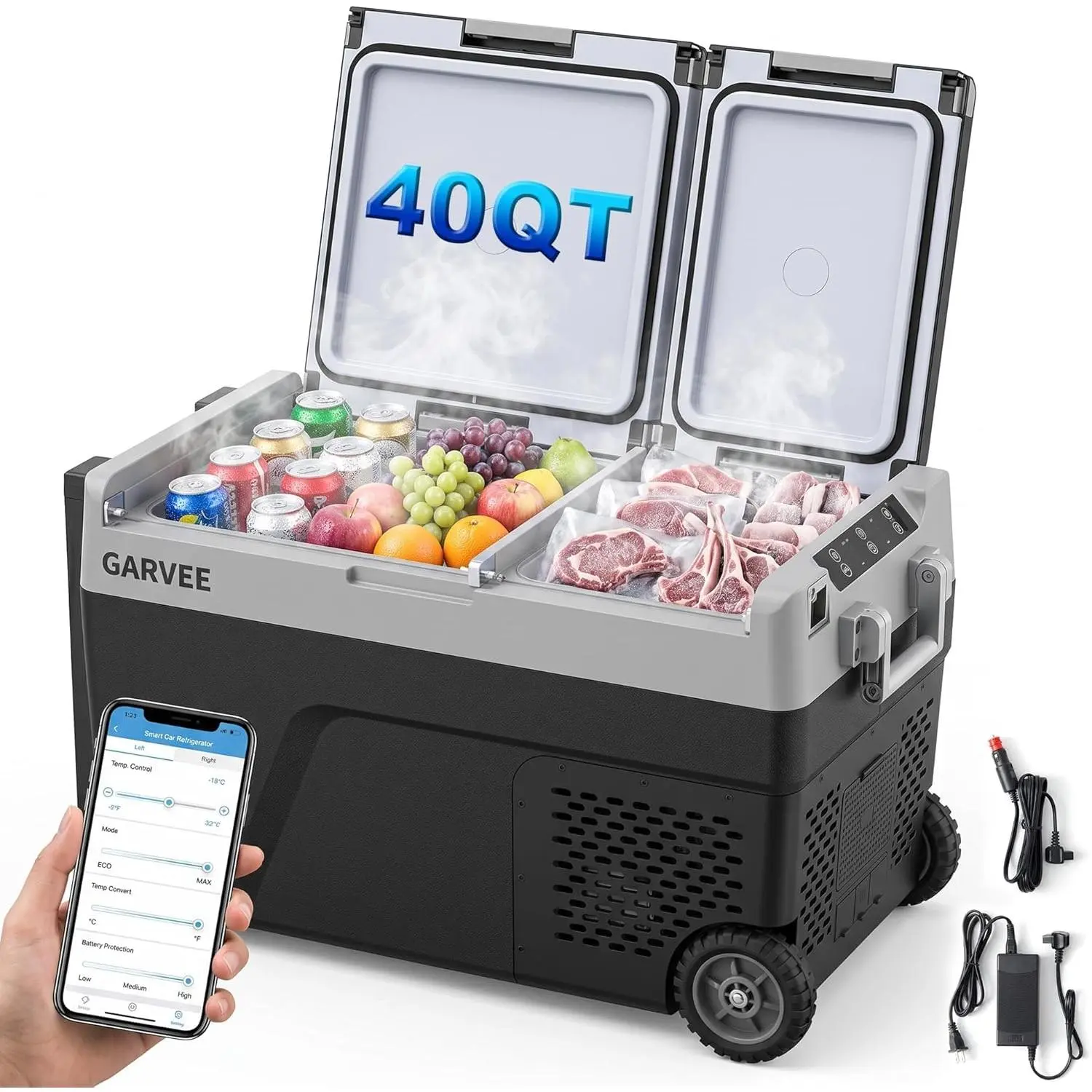 40QT (38L) Dual-Zone Portable Car Fridge Freezer, Independent Temperature Control, APP, 2-in-1 Table Lid, Wheels, Battery Charging Plate, US Market