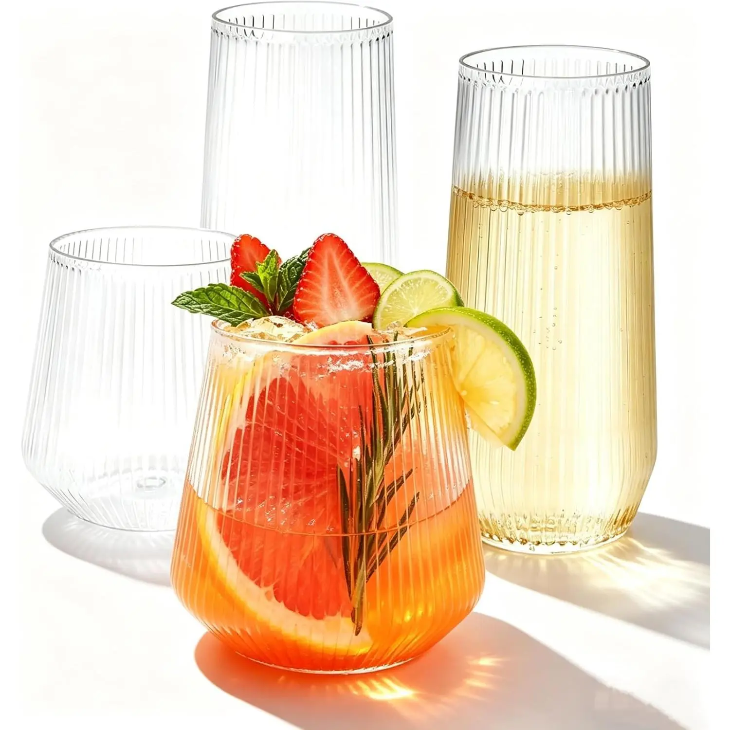 48 Pack Plastic Glasses – 24 x 9oz Stemless Champagne Flutes & 24 x 12oz Stemless Wine Glasses – Elegant Disposable Shatterproof Cup – BPA-Free Drinkware for Weddings, Parties (Clear Ribbed)