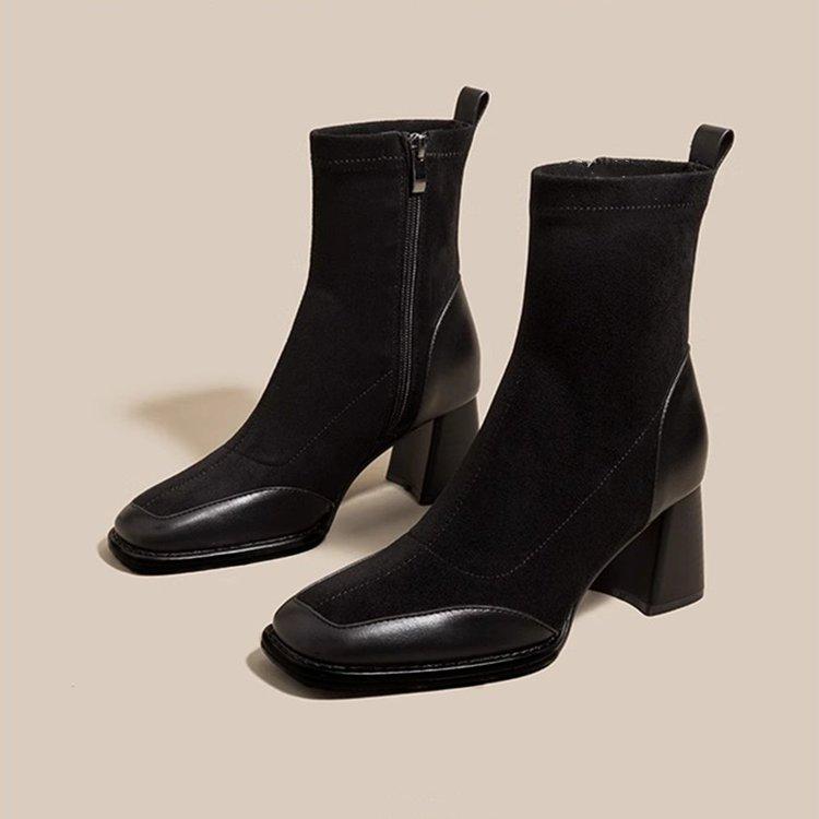 YYW1 Women's Retro Square Toe Chunky Heel Ankle Boots, Brown Fall Winter Casual Wear Footwear with Side Zipper, Fabric & Rubber Sole
