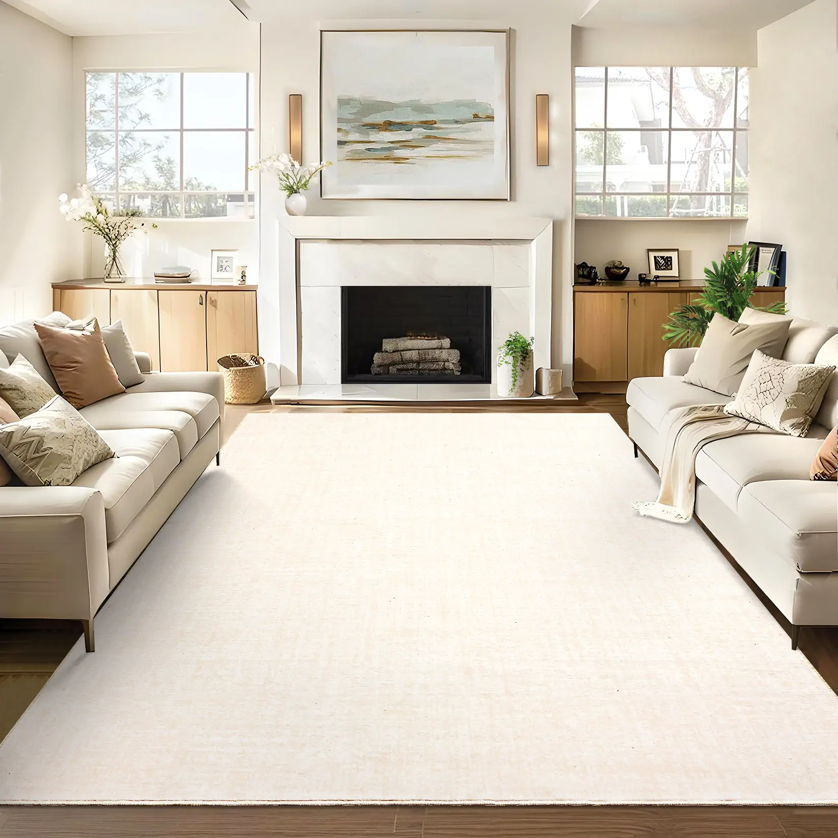 Ultra-Soft Washable Area Rug – Modern Low Pile Carpet, Non-Slip, Collapsible, Mark Resistant, Plain Neutral Accent for Living Room, Bedroom, Kitchen – 5x7 & 2x6 Runner