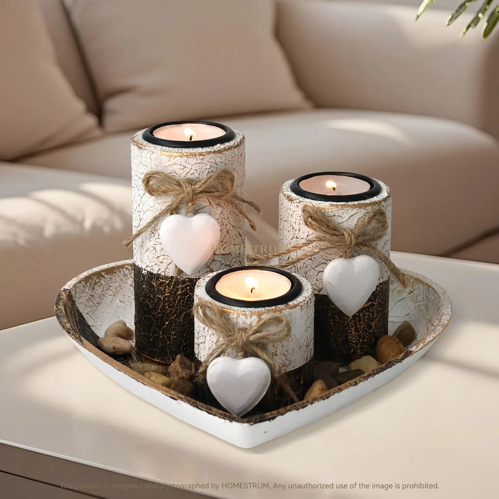 4-Piece Wooden Heart-Shaped Candle Holder Set – Includes heart-shaped tea light candle holders with tea light slots, cute bow accents, decorative stones, and a heart-shaped tray/bowl; perfect for home decor, Christmas, and Valentine's Day gifts.