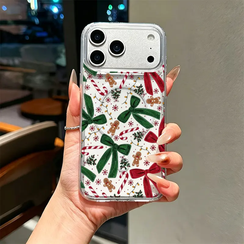 Bow Gingerbread Candy Cane phone case,watercolor Christmas vintage style,for iPhone 17 16 15 14 13 12 11 Plus Pro Max,cozy seasonal present gift