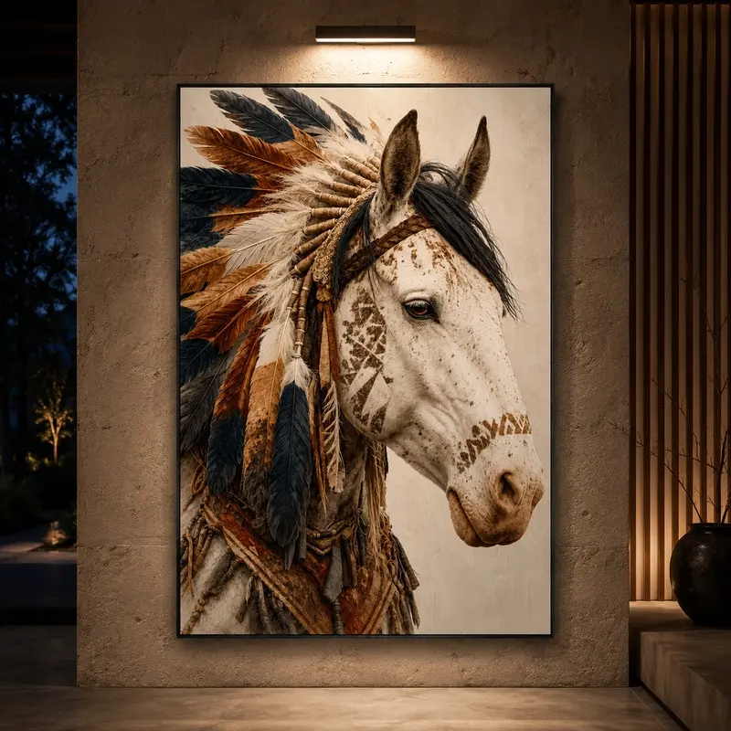 Native American Equestrian Art, Framed Rustic Western Canvas Wall Decor, Tribal Feather Headdress & Horse Tail Print, Farmhouse Living Room Decor, Western Home Decor, Boho Wall Art, Horse Lover Gift, Southwestern Decor, Country Wall Art, Lodge Decor