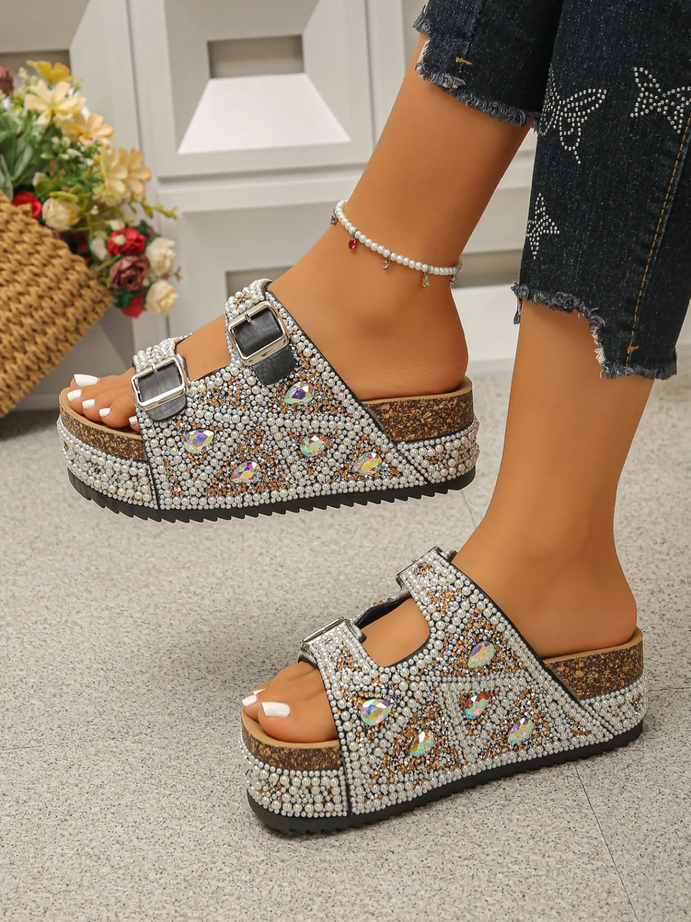 4-color summer women's bohemian ethnic style retro rhinestone sandals, personalized shiny double straps with exposed toes, thick bottom wood grain slippers, comfortable and fashionable beach high-heeled sandals, daily trendy wear
