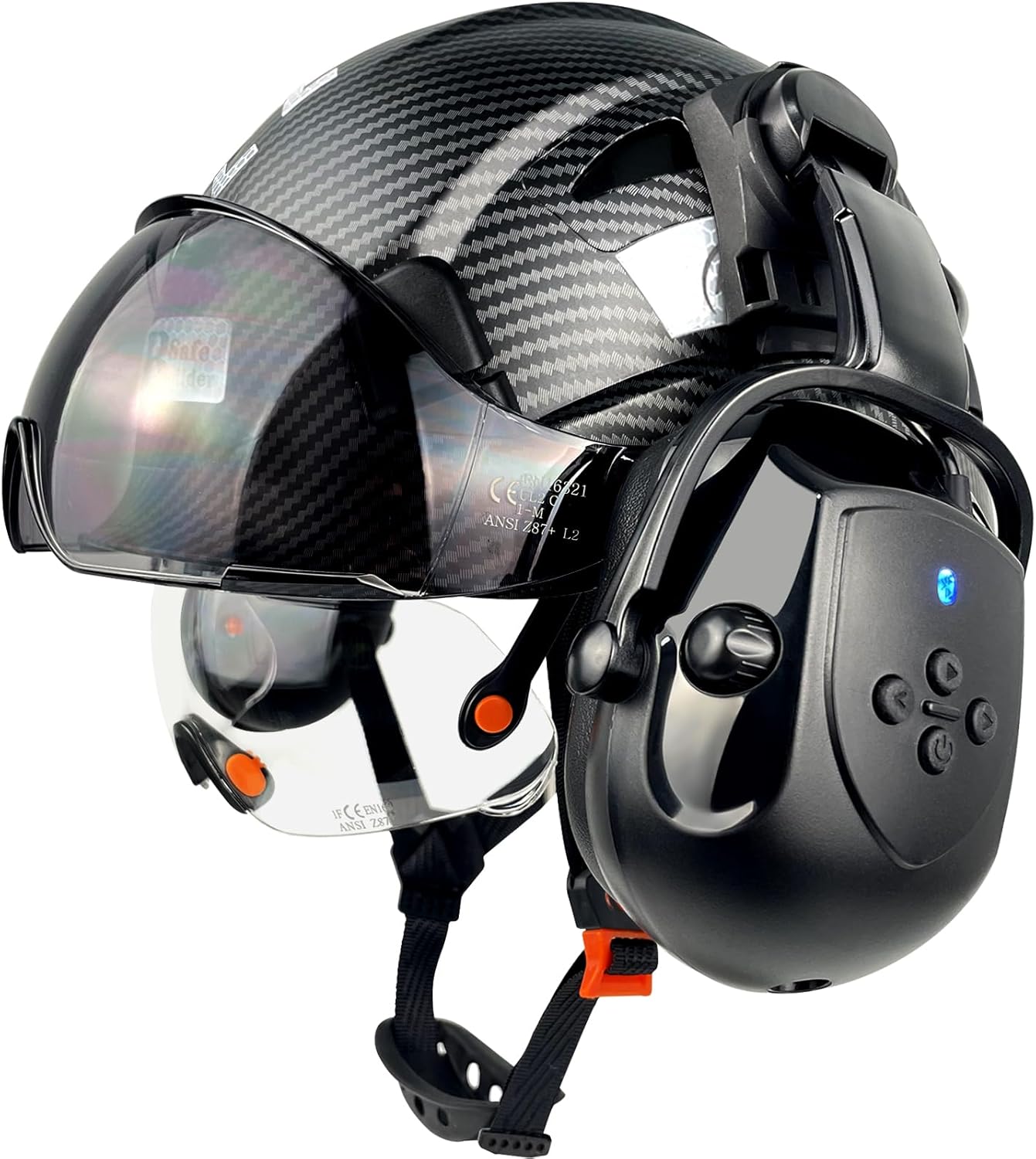 Vented Hard Hat with Visor and Bluetooth Ear Muffs, SNR 26dB Hearing Protection, Adjustable Suspension, Construction Safety Head Gear