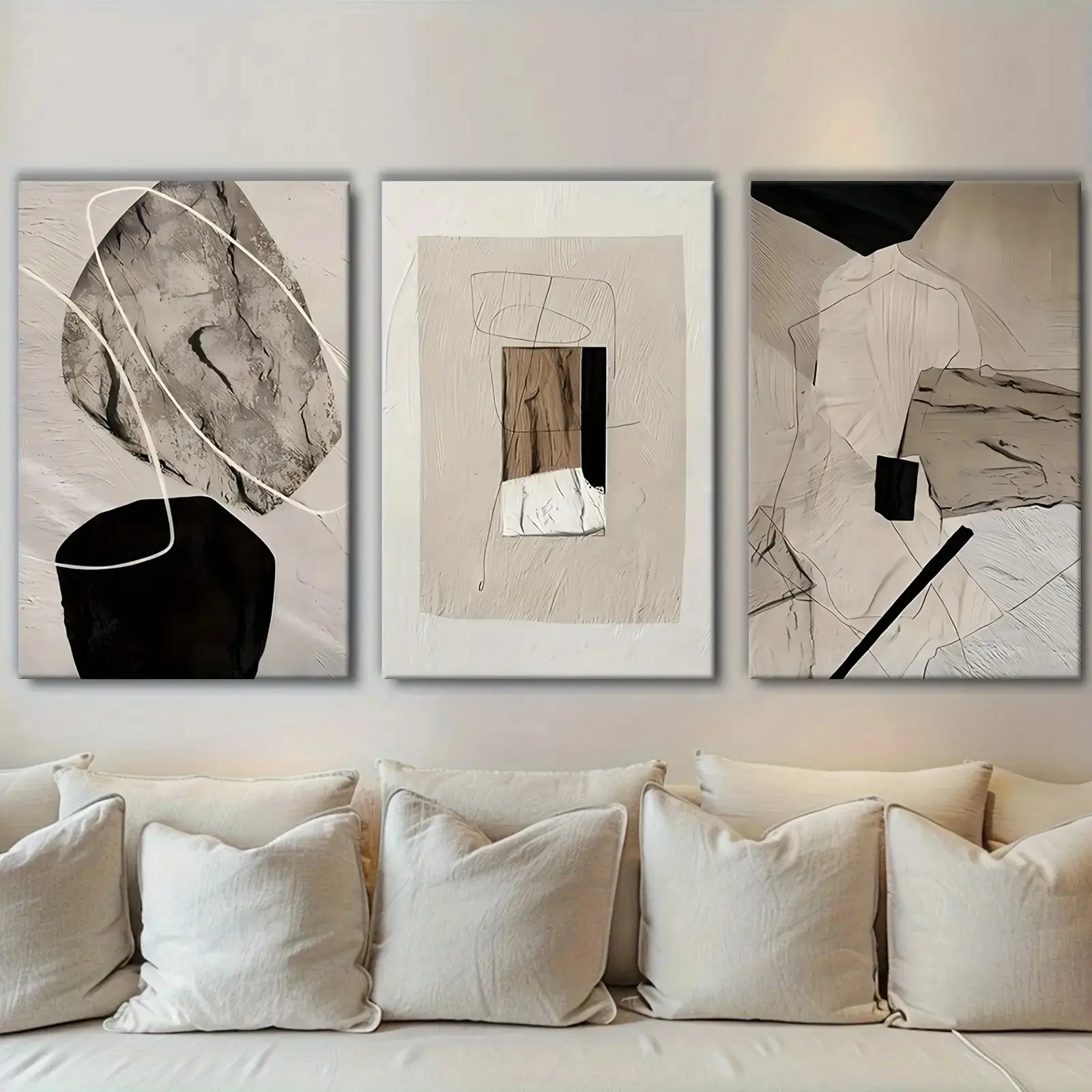 Elegant Minimalist 2D Flat 3-Piece Framed Canvas Posters - Beige & Black, Lightweight Artistic Wall Art Decoration for Home Living Room, Cafe Dorm Bar Events