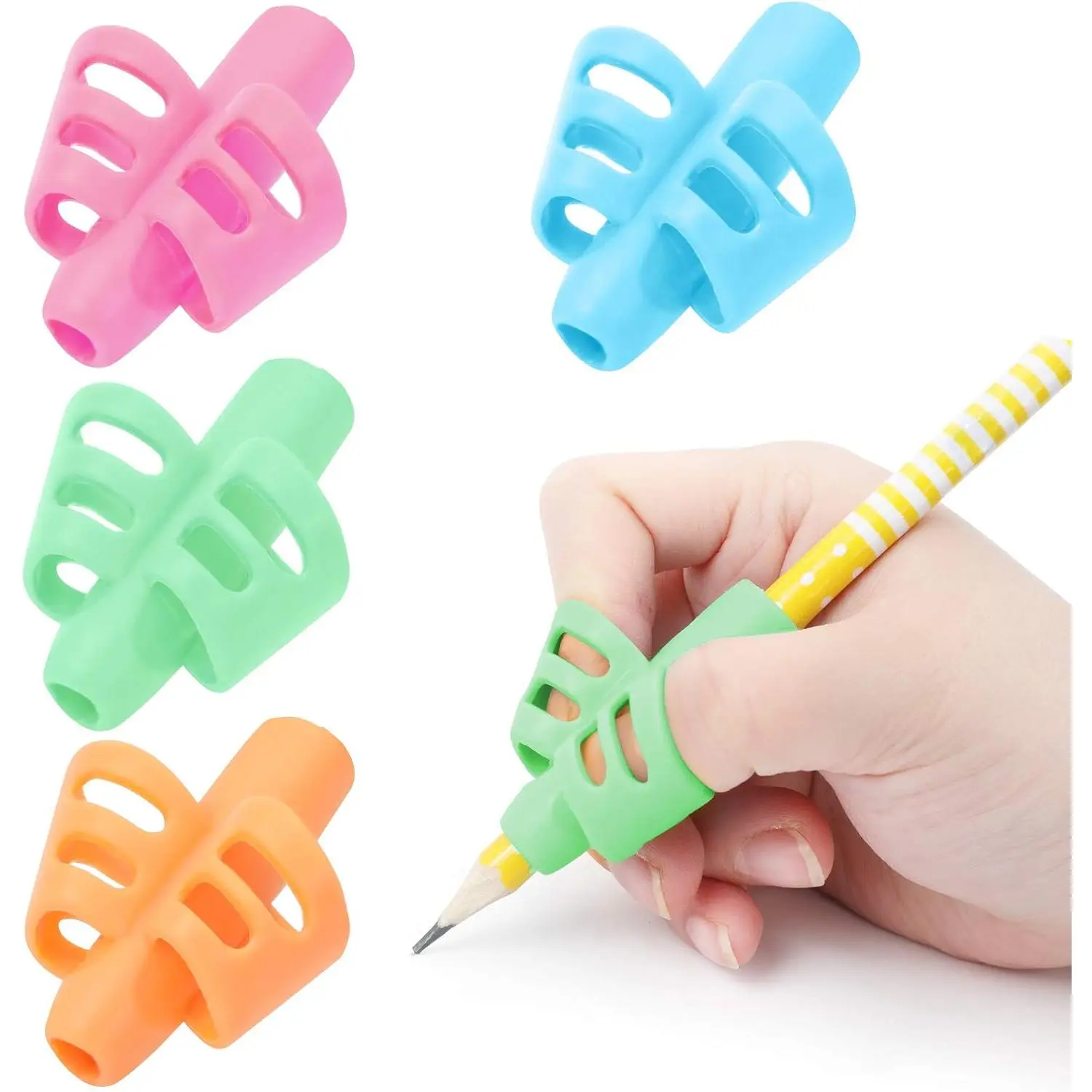 High-Quality Plastic Pencil Grips - 4-Count Hand Support Writing Aids, Fits 0.24-0.3" Pens/Pencils, Multiple Colors, Beginner Aid for Handwriting Help (Office Stationery Writing Tool), Plastic Grips