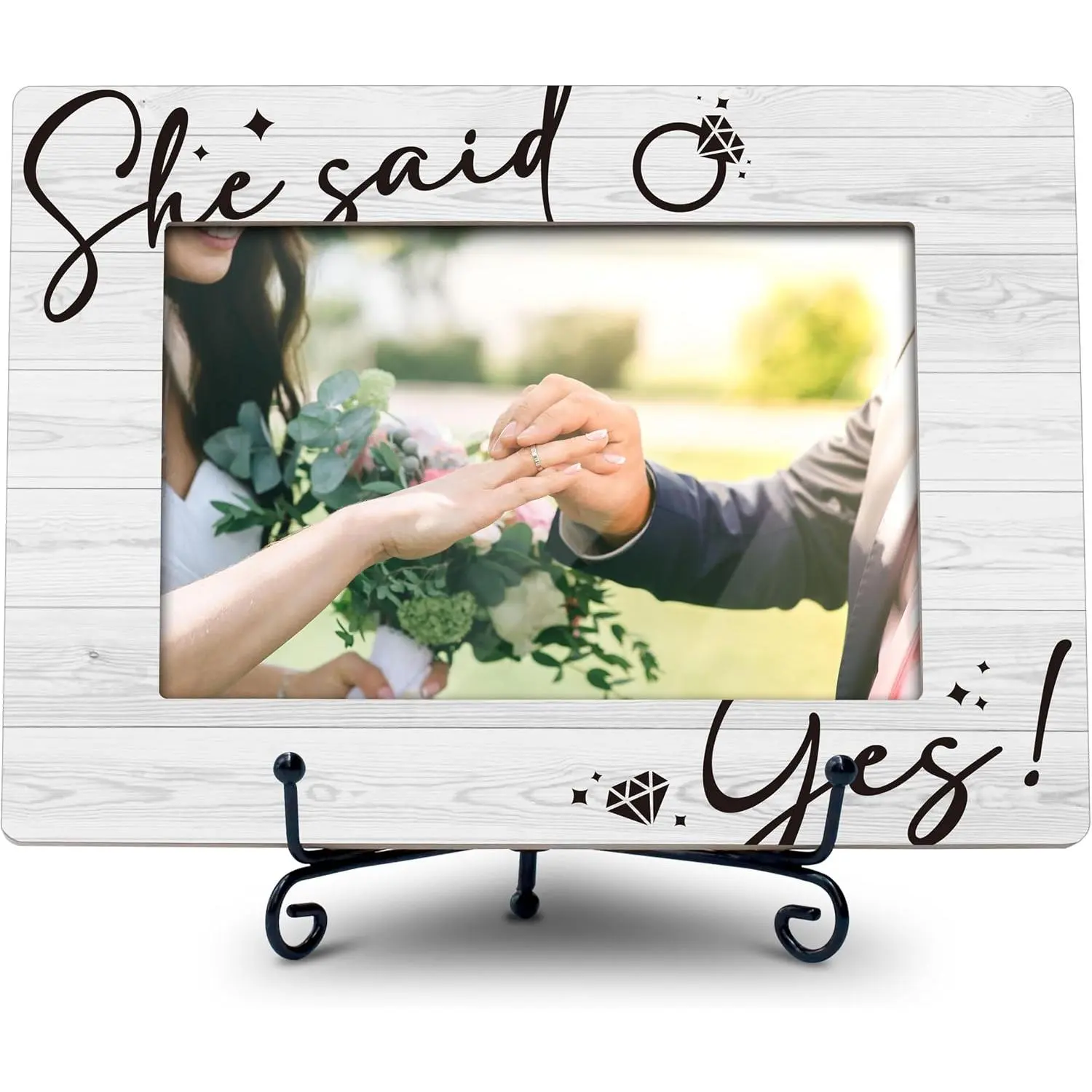 Engagement Picture Frame, 4X6 Photo Frame Wedding Gifts, Small Wooden Photo Frame With Iron Stand, Engagement Gifts For Couples, She Said Yes! -A04