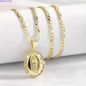 14K Gold Plated Oval Virgin Mary Necklace for Women, Faith Religious Jewelry, Sentimental Gift Accessory for Daily Festival Wear