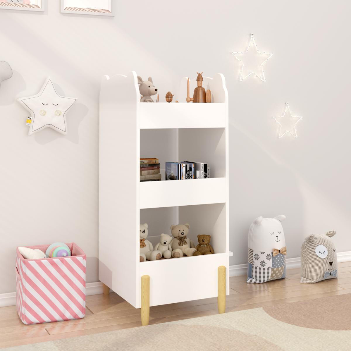 Kids Bookshelf with Chalkboard Side – Bear-Shaped Wooden Bookcase with 3-Tier Storage, Drawing Board for Toddlers, Toy and Book Organizer for Playroom or Bedroom – White