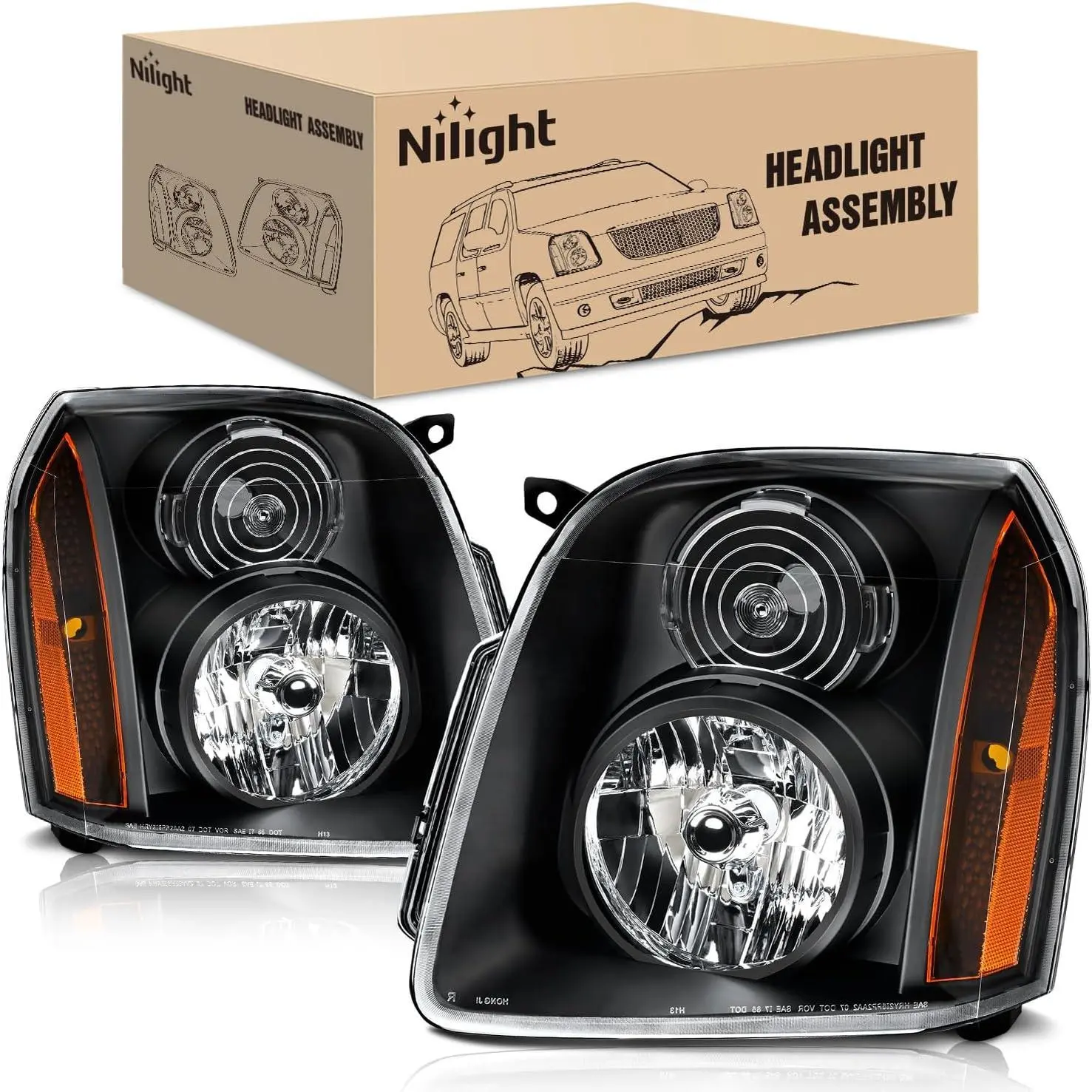 Nilight Halogen Headlight Assembly Set Pair - Brightening, OE Replacement, Easy Install, Polycarbonate, Plug-and-Play Adjustable Waterproof, Black Housing, Amber Reflector, Driver & Passenger Side for 2007-2014 GMC Yukon