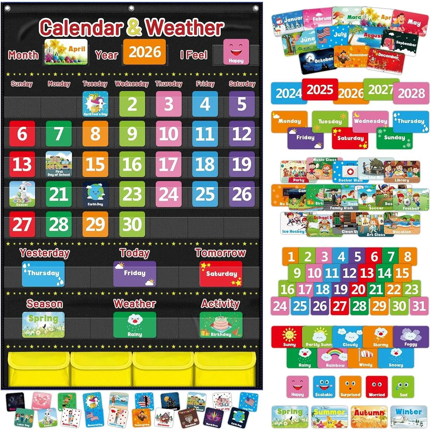 Kids Calendar and Weather Pocket Chart, Large 44.5" x 28" Homeschool Classroom Calendar with 113 Cards, Teacher and Back to School Supplies