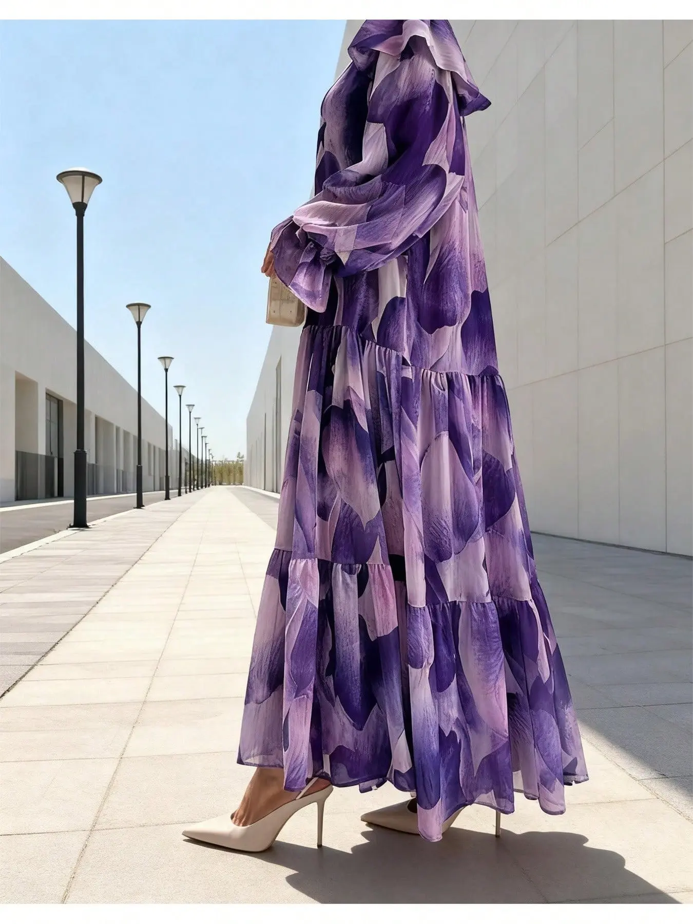 Women's Modest Tiered Chiffon Maxi Dress, Long Balloon Sleeves, Waist Cinching Belt, Watercolor Print, Formal Wedding Guest Dress, Wedding Attire, Ideal for Weddings & Special Occasions